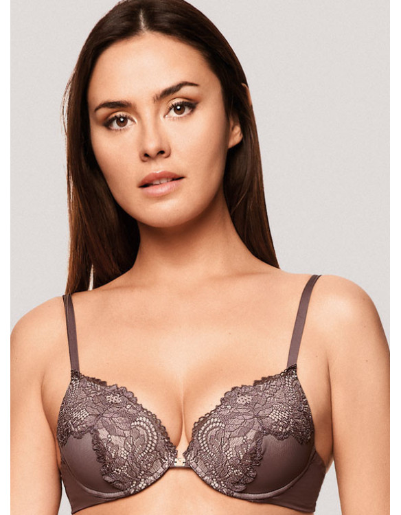 Black padded push-up bra with Leavers lace trim