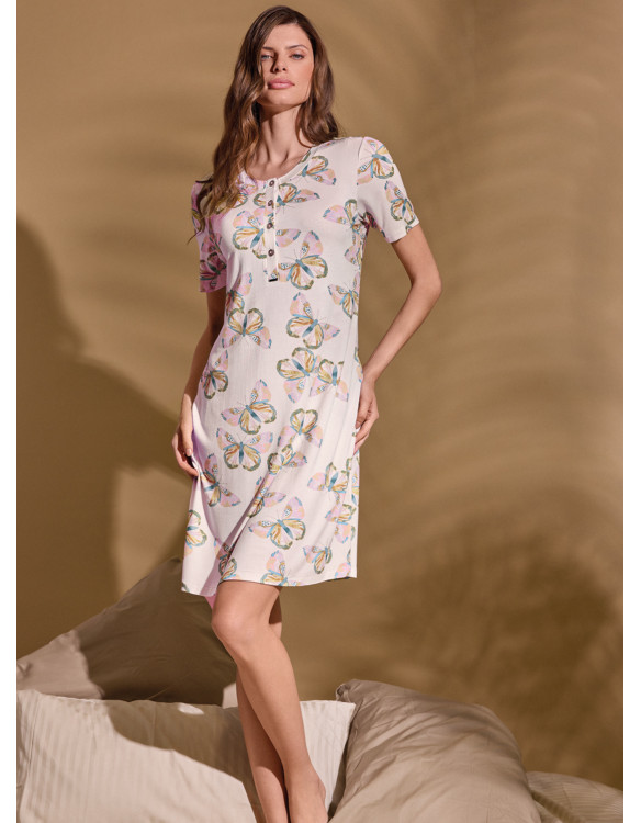 LORMAR Free short-sleeve grandad viscose nightdress with all-over butterfly print