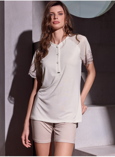 LORMAR Cocco short-sleeve grandad lightweight viscose pyjamas with dévoré inserts, frastaglio lace sleeves and matching shorts
