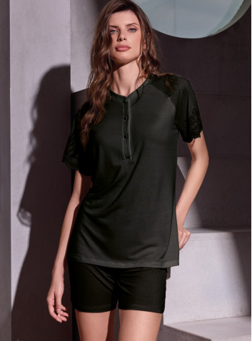 LORMAR Cocco short-sleeve grandad lightweight viscose pyjamas with dévoré inserts, frastaglio lace sleeves and matching shorts