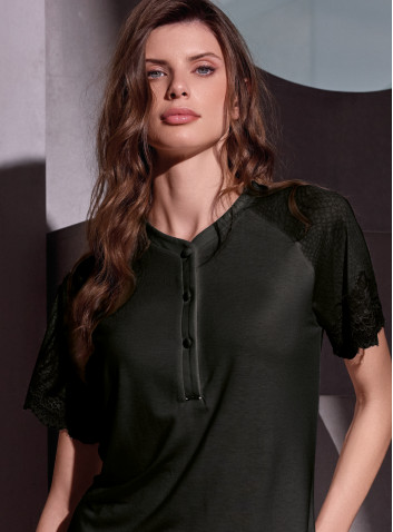LORMAR Cocco short-sleeve grandad lightweight viscose pyjamas with dévoré inserts, frastaglio lace sleeves and matching shorts 2