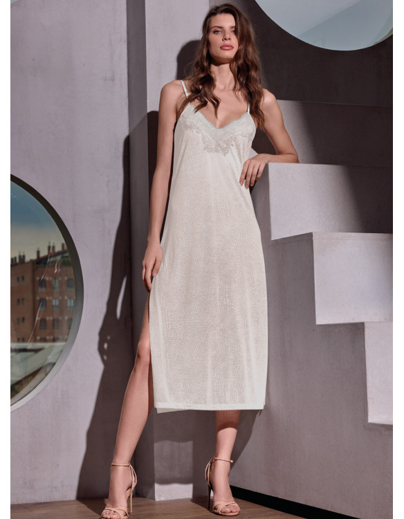LORMAR Cocco long lightweight viscose slip nightdress with dévoré inserts, frastaglio lace neckline, thin straps and side slit