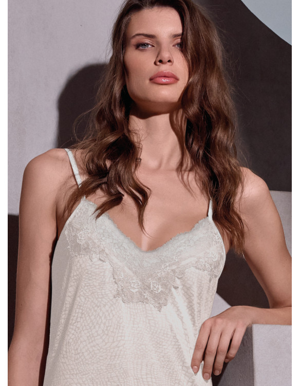 LORMAR Cocco long lightweight viscose slip nightdress with dévoré inserts, frastaglio lace neckline, thin straps and side slit