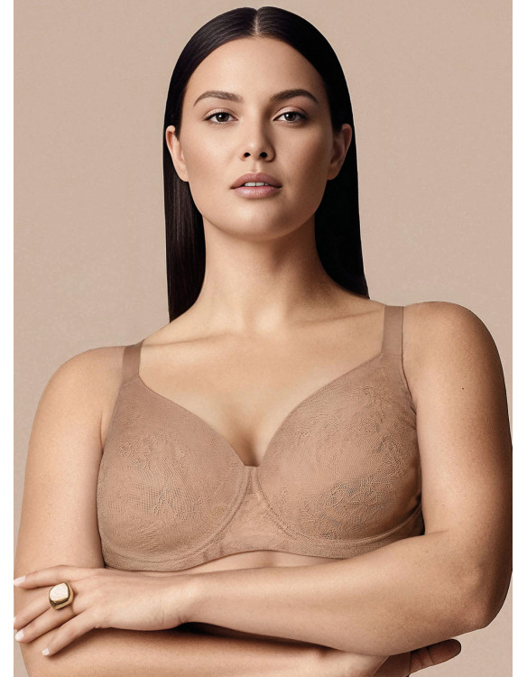 Reggiseno alto sfoderato DEA Lormar in pizzo tattoo color Honey, con ferretto e coppe preformate, indossato su fondo neutro.