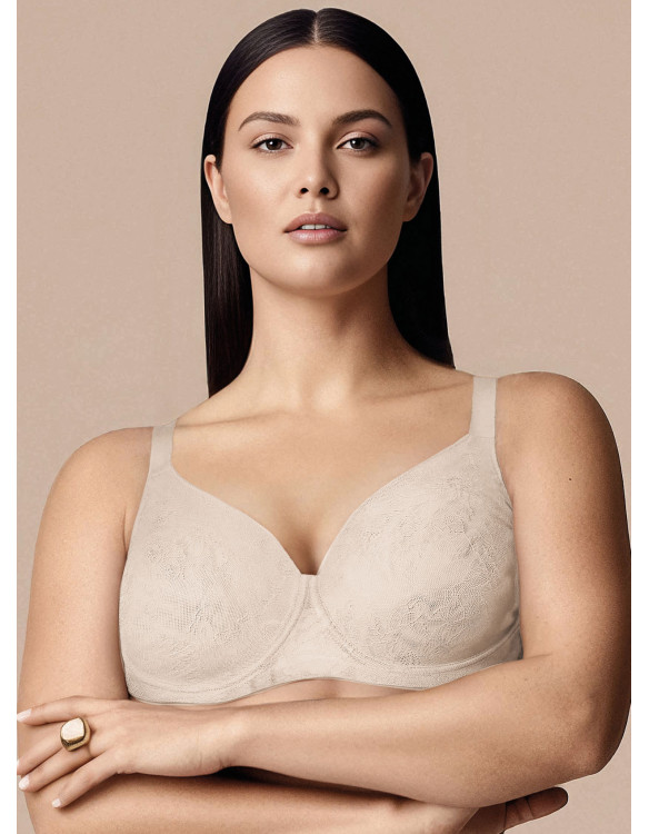 Reggiseno alto sfoderato DEA Lormar in pizzo tattoo color Honey, con ferretto e coppe preformate, indossato su fondo neutro.