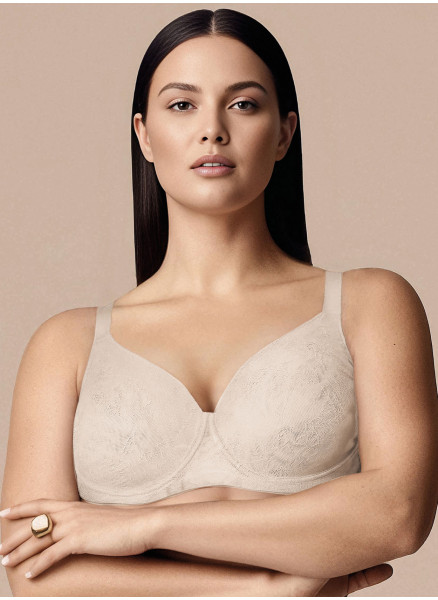 Reggiseno alto sfoderato DEA Lormar in pizzo tattoo color Honey, con ferretto e coppe preformate, indossato su fondo neutro.
