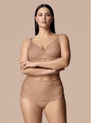 Lormar DEA high-waisted briefs in Honey tattoo lace and microfibre, with control structure.