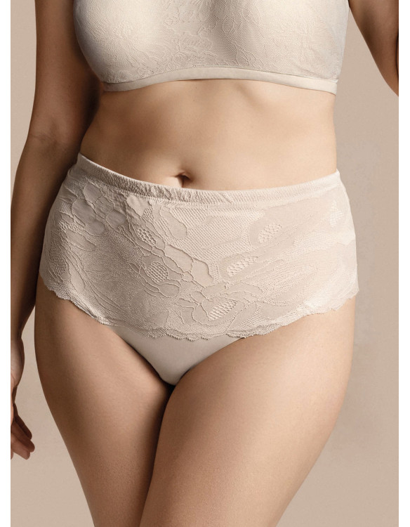 Slip vita alta DEA Lormar in pizzo tattoo color Milk, con microfibra e struttura contenitiva.