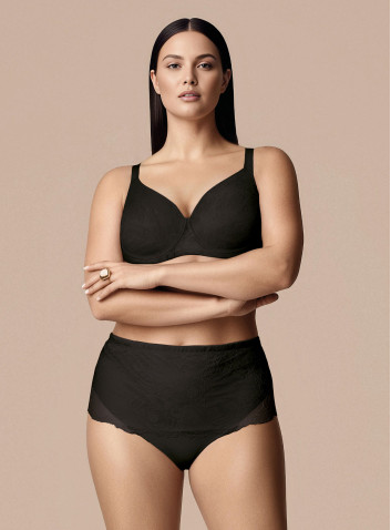 Lormar DEA high-waisted briefs in Honey tattoo lace and microfibre, with control structure. 2