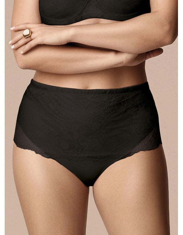 Slip vita alta DEA Lormar in pizzo tattoo color Nero, con microfibra e struttura contenitiva.