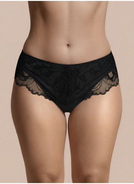 Lormar ICONA midi Brazilian briefs in black microfibre and tattoo lace, with invisible support and lace details on the sides