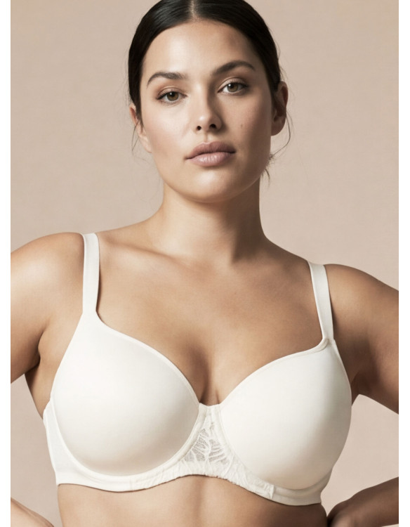 Lormar ICONA full cup padded balcony bra in milk tattoo lace, with stretch spacer cups and underwire.