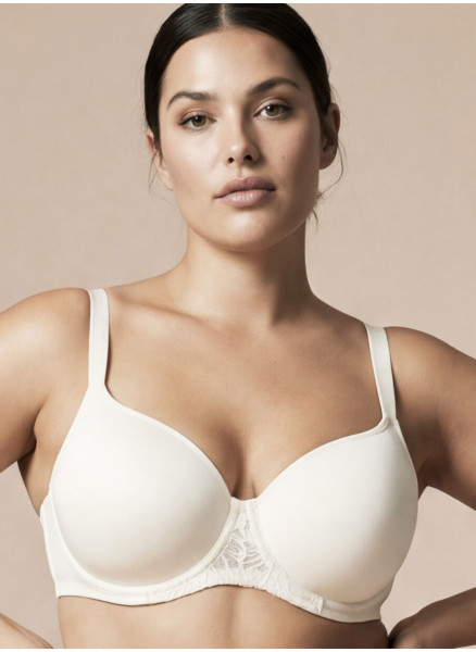Lormar ICONA full cup padded balcony bra in milk tattoo lace, with stretch spacer cups and underwire.