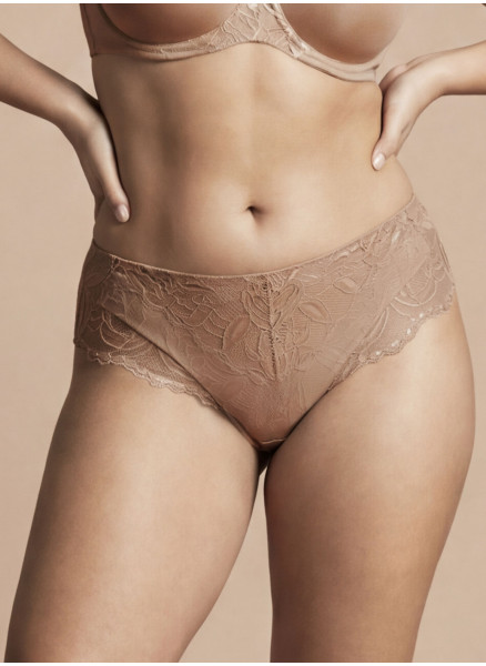Brasiliana midi ICONA Lormar in microfibra e pizzo tattoo honey, con struttura interna invisibile e dettagli in pizzo