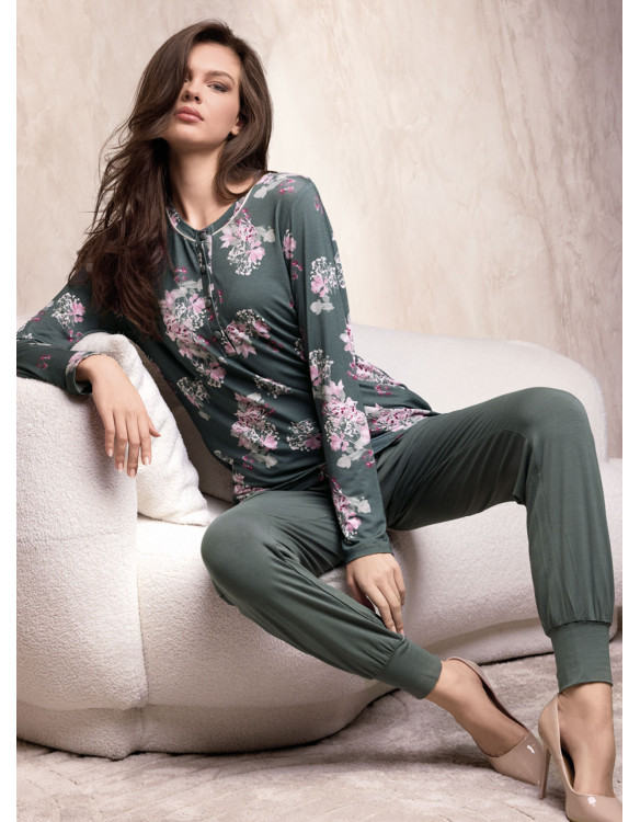 Lormar Bijoux women’s grandad pyjamas with long-sleeved floral top and plain cuffed trousers