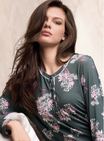 Pigiama donna serafino Bijoux Lormar con maglia floreale a maniche lunghe e pantaloni lunghi tinta unita con polsi 2