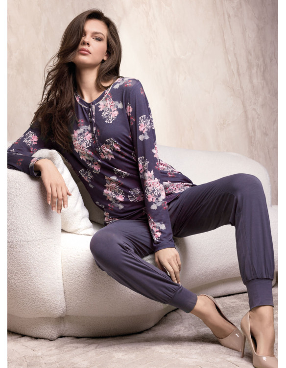 Pigiama donna serafino Bijoux Lormar con maglia floreale a maniche lunghe e pantaloni lunghi tinta unita con polsi