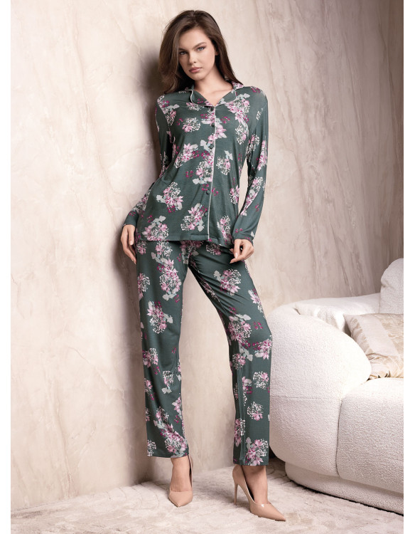 Lormar Bijoux women’s button-up pyjamas with a long-sleeved floral shirt-style top and matching long trousers