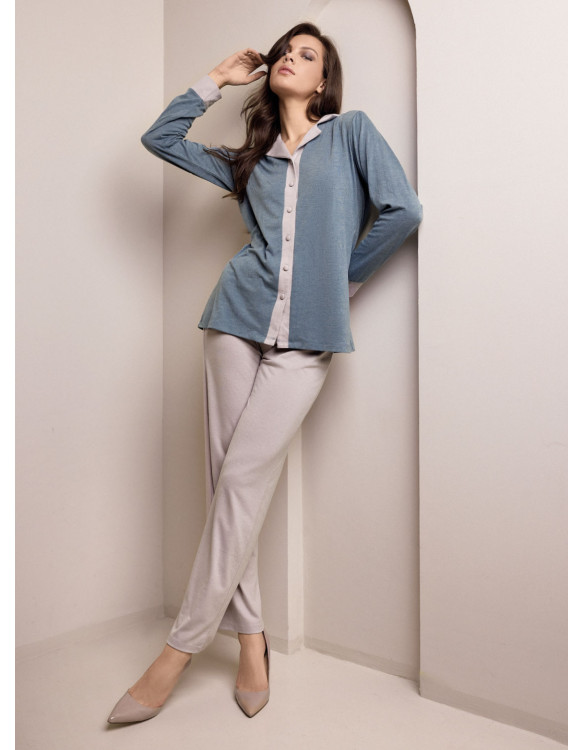 Pigiama aperto donna MIDI Lormar in viscosa pesante melange bicolore con maglia a maniche lunghe e pantalone lungo unito
