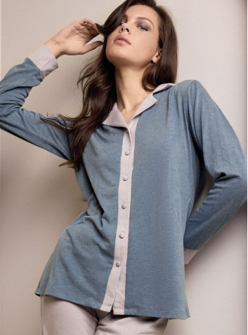 Pigiama aperto donna MIDI Lormar in viscosa pesante melange bicolore con maglia a maniche lunghe e pantalone lungo unito 2