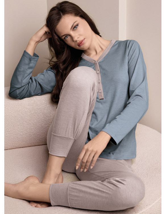 Pigiama serafino donna MIDI Lormar in viscosa pesante con maglia a maniche lunghe e pantalone lungo con polsi