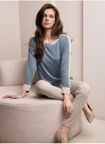 Pigiama girocollo donna MIDI Lormar in viscosa pesante melange bicolore con maglia a maniche lunghe e pantalone lungo slim