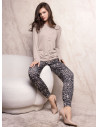 Lormar SEDUCTION women’s grandad pyjamas with a plain long-sleeved lace-trim top and animal-print cuffed trousers