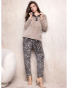 Lormar women’s supersoft coral grandad pyjamas with a plain long-sleeved top, shawl collar and long animal-print trousers