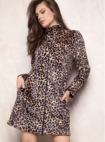 Lormar SEDUCTION women’s full-zip animal-print robe in supersoft coral fleece with high collar and side pockets