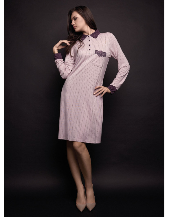 Women’s heavyweight viscose nightdress JOLIE Lormar with an all-over pointillé dot print, long sleeves, shirt collar