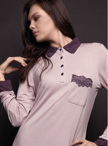 Women’s heavyweight viscose nightdress JOLIE Lormar with an all-over pointillé dot print, long sleeves, shirt collar 2