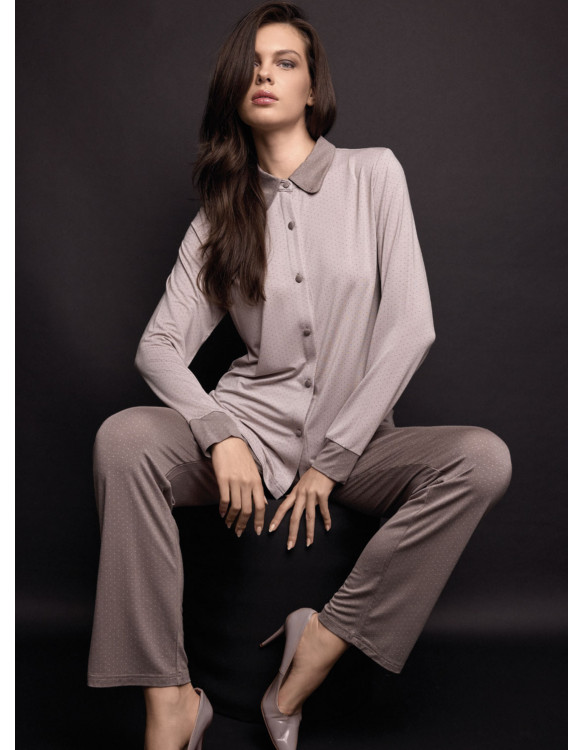Pigiama aperto donna JOLIE Lormar con stampa pois pointillé, maglia a maniche lunghe con collo a camicia e pantalone coordinato