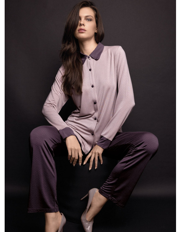 Lormar JOLIE women’s pointillé dot button-up pyjamas with a long-sleeved shirt-collar top and matching long trousers