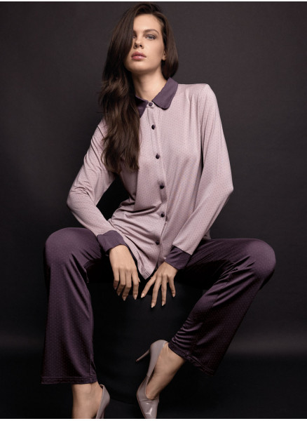 Lormar JOLIE women’s pointillé dot button-up pyjamas with a long-sleeved shirt-collar top and matching long trousers