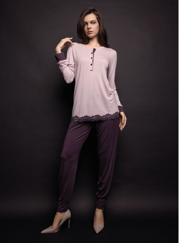 Pigiama serafino donna JOLIE Lormar con stampa pois pointillé, fondo in pizzo e pantalone lungo coordinato con polsi