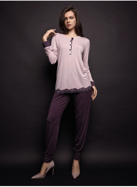 Pigiama serafino donna JOLIE Lormar con stampa pois pointillé, fondo in pizzo e pantalone lungo coordinato con polsi