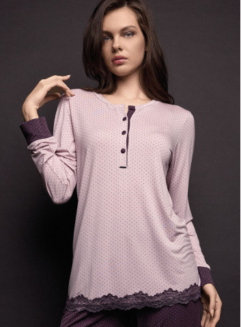 Lormar JOLIE women’s pointillé dot grandad pyjamas with a lace-trimmed long-sleeved top and matching cuffed trousers 2