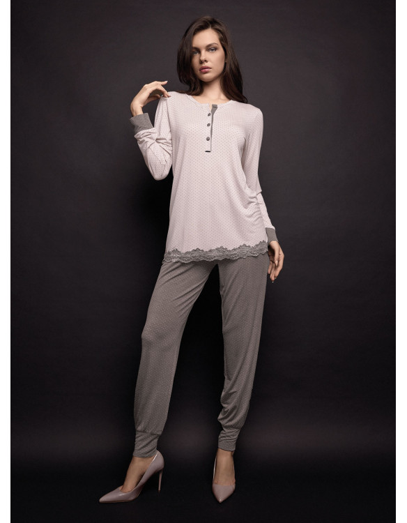 Lormar JOLIE women’s pointillé dot grandad pyjamas with a lace-trimmed long-sleeved top and matching cuffed trousers