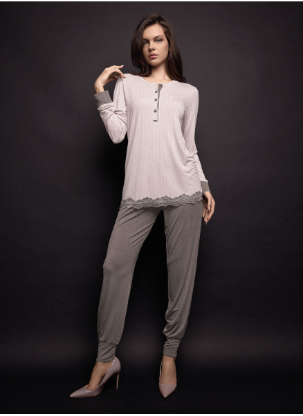 Lormar JOLIE women’s pointillé dot grandad pyjamas with a lace-trimmed long-sleeved top and matching cuffed trousers