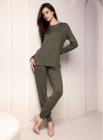 Lormar LIBRE women’s heavyweight viscose grandad pyjamas with a dot-print top, contrast piping and plain cuffed trousers