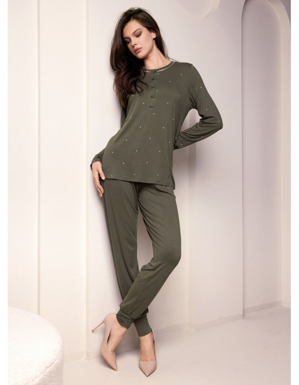 Pigiama serafino donna LIBRE Lormar in viscosa pesante con maglia a pois, piping a contrasto e pantalone lungo unito con polsi