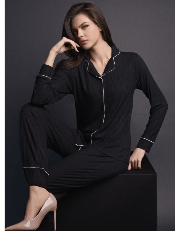 Pigiama aperto donna WELLNESS Lormar in viscosa pesante a costina, maglia a maniche lunghe e pantalone lungo coordinato