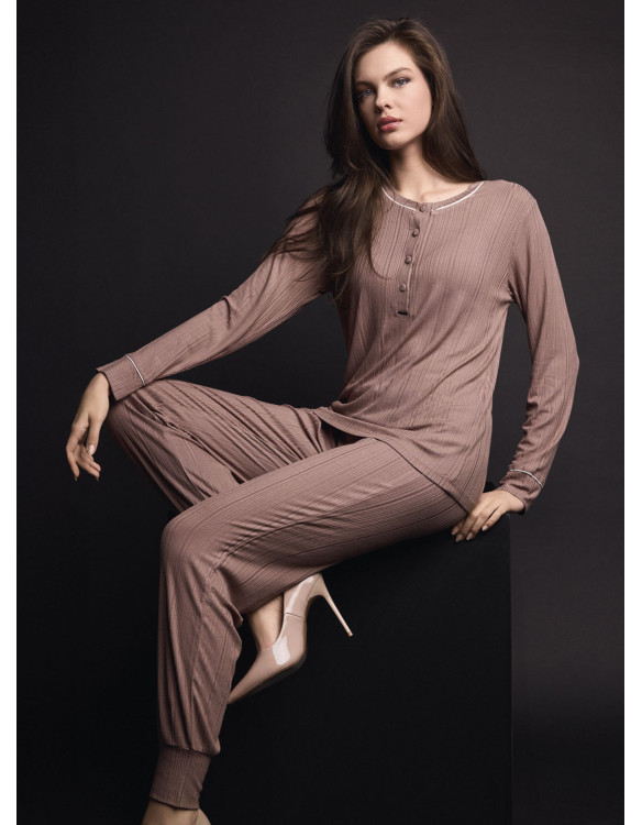 Lormar WELLNESS women’s heavyweight ribbed viscose grandad pyjamas with contrast piping and matching cuffed trousers
