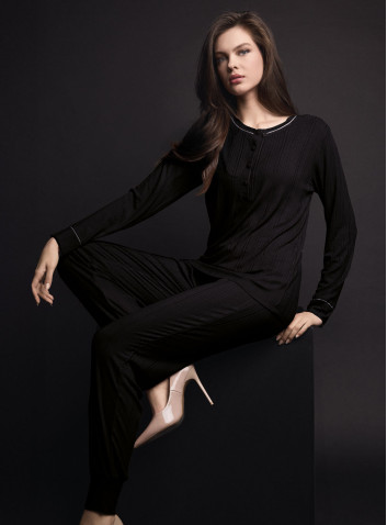 Pigiama serafino donna WELLNESS Lormar in viscosa pesante a costina con piping a contrasto e pantalone lungo con polsi 2
