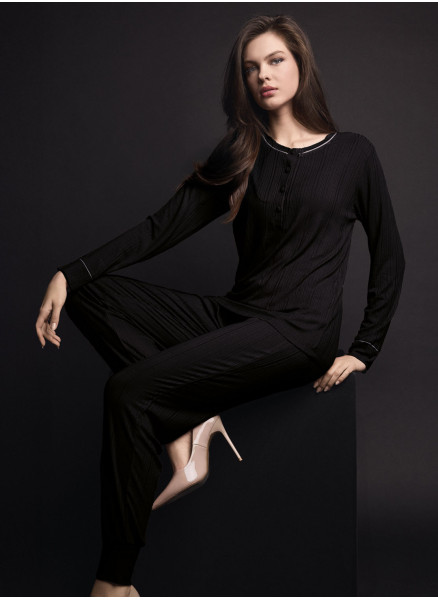 Lormar WELLNESS women’s heavyweight ribbed viscose grandad pyjamas with contrast piping and matching cuffed trousers