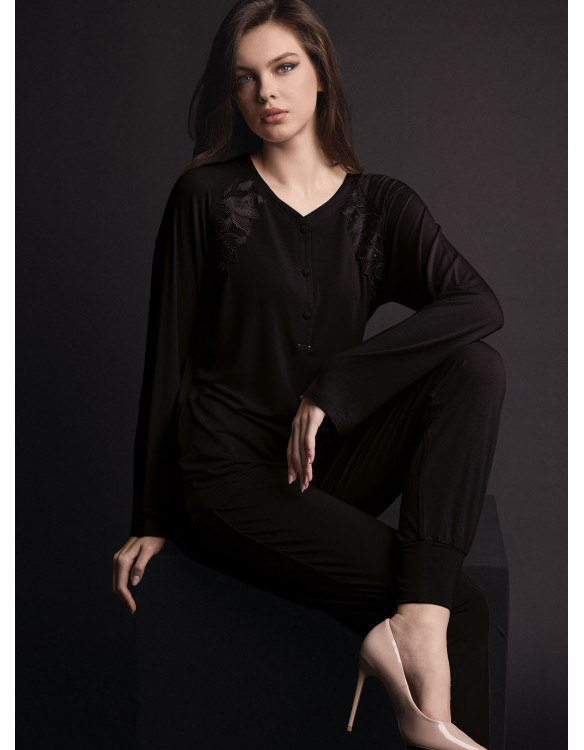 Lormar COUTURE women’s heavyweight viscose grandad pyjamas with silky embroidery and matching cuffed trousers