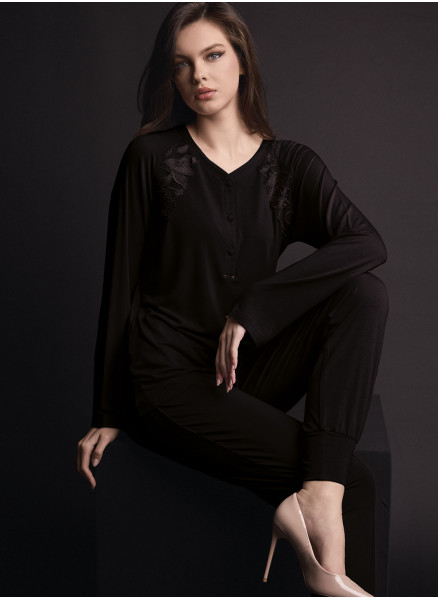 Lormar COUTURE women’s heavyweight viscose grandad pyjamas with silky embroidery and matching cuffed trousers