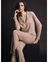 Lormar COUTURE women’s heavyweight viscose button-up pyjamas with revere collar, silky embroidery and matching long trousers