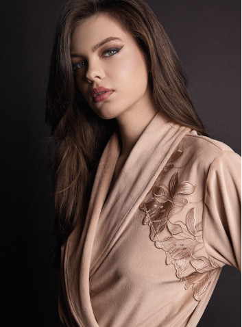 Lormar COUTURE women’s open soft velour robe with shawl collar, waist belt and silky embroidery 2