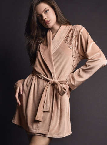 Vestaglia aperta donna COUTURE Lormar in soft velour con collo sciallato, cintura e ricamo setificato